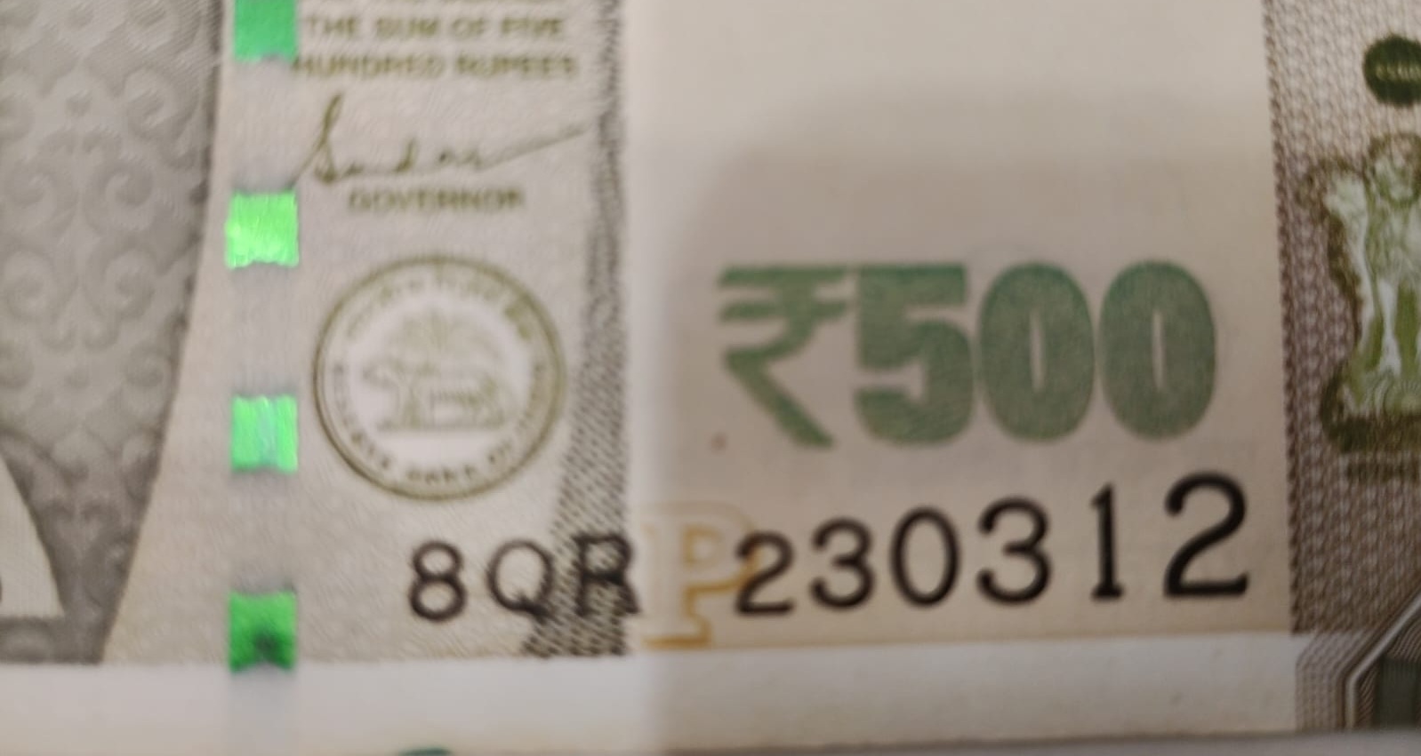 ₹500 Mahatma Gandhi New Series · 8QR 230312 — Front